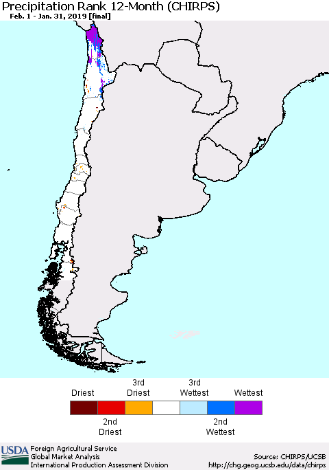 Chile Precipitation Rank since 1981, 12-Month (CHIRPS) Thematic Map For 2/1/2018 - 1/31/2019
