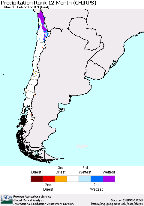 Chile Precipitation Rank since 1981, 12-Month (CHIRPS) Thematic Map For 3/1/2018 - 2/28/2019