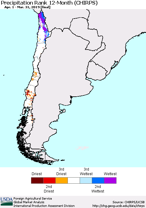 Chile Precipitation Rank since 1981, 12-Month (CHIRPS) Thematic Map For 4/1/2018 - 3/31/2019