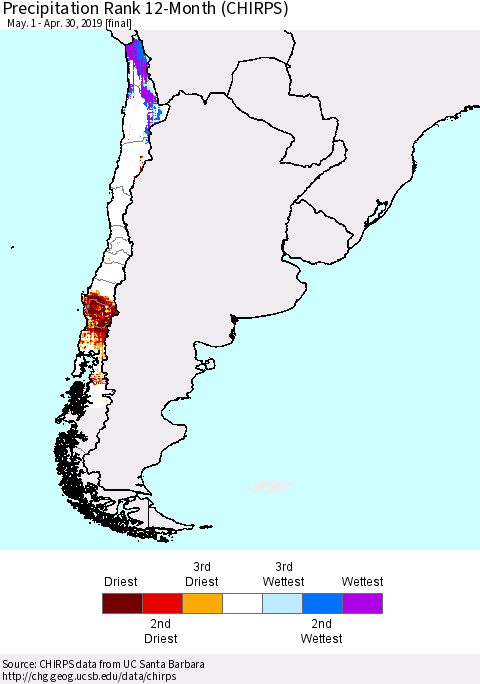 Chile Precipitation Rank since 1981, 12-Month (CHIRPS) Thematic Map For 5/1/2018 - 4/30/2019