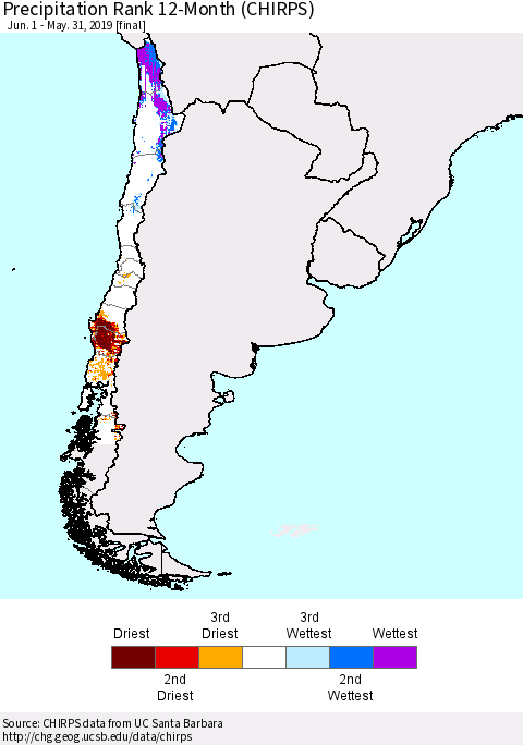 Chile Precipitation Rank since 1981, 12-Month (CHIRPS) Thematic Map For 6/1/2018 - 5/31/2019