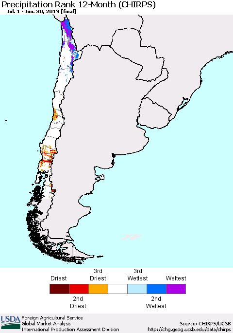 Chile Precipitation Rank since 1981, 12-Month (CHIRPS) Thematic Map For 7/1/2018 - 6/30/2019