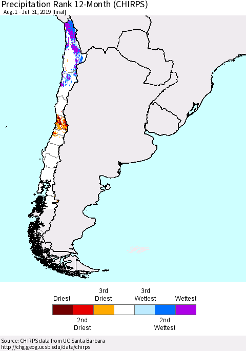 Chile Precipitation Rank since 1981, 12-Month (CHIRPS) Thematic Map For 8/1/2018 - 7/31/2019
