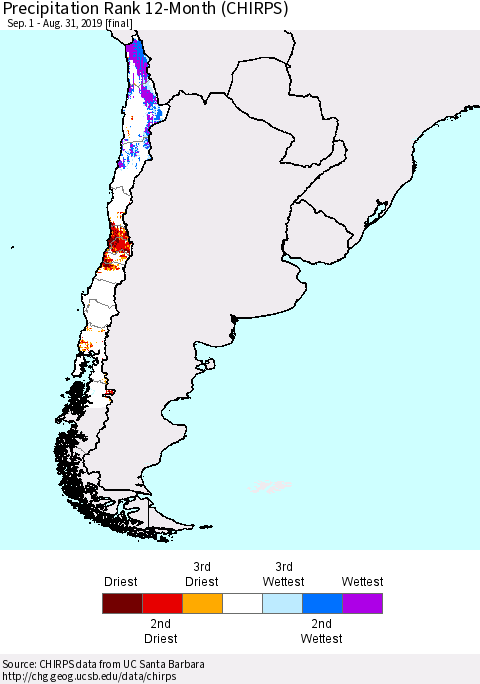 Chile Precipitation Rank since 1981, 12-Month (CHIRPS) Thematic Map For 9/1/2018 - 8/31/2019