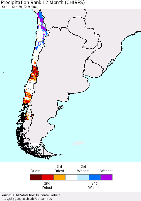 Chile Precipitation Rank since 1981, 12-Month (CHIRPS) Thematic Map For 10/1/2018 - 9/30/2019