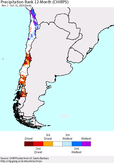 Chile Precipitation Rank since 1981, 12-Month (CHIRPS) Thematic Map For 11/1/2018 - 10/31/2019