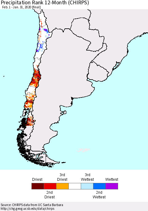 Chile Precipitation Rank since 1981, 12-Month (CHIRPS) Thematic Map For 2/1/2019 - 1/31/2020