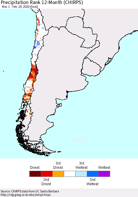 Chile Precipitation Rank since 1981, 12-Month (CHIRPS) Thematic Map For 3/1/2019 - 2/29/2020