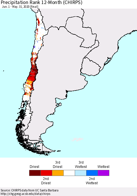 Chile Precipitation Rank since 1981, 12-Month (CHIRPS) Thematic Map For 6/1/2019 - 5/31/2020