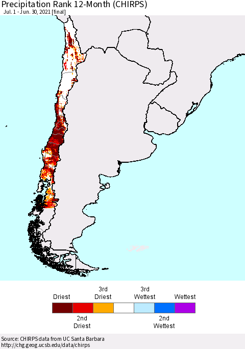 Chile Precipitation Rank since 1981, 12-Month (CHIRPS) Thematic Map For 7/1/2020 - 6/30/2021