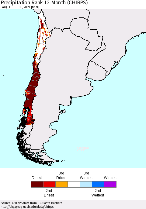 Chile Precipitation Rank since 1981, 12-Month (CHIRPS) Thematic Map For 8/1/2020 - 7/31/2021