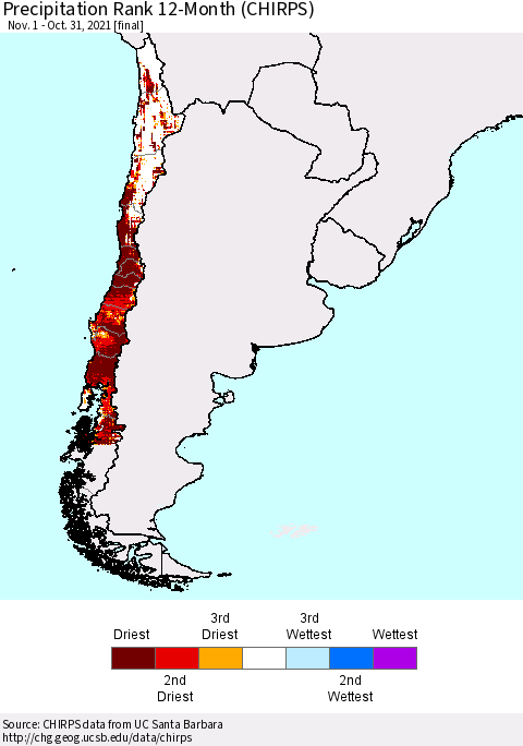 Chile Precipitation Rank since 1981, 12-Month (CHIRPS) Thematic Map For 11/1/2020 - 10/31/2021