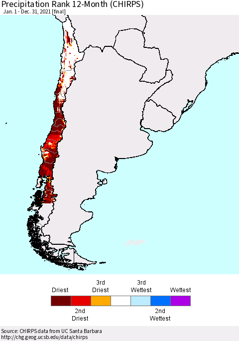 Chile Precipitation Rank 12-Month (CHIRPS) Thematic Map For 1/1/2021 - 12/31/2021