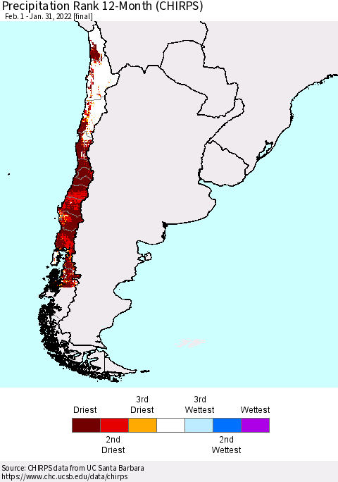 Chile Precipitation Rank since 1981, 12-Month (CHIRPS) Thematic Map For 2/1/2021 - 1/31/2022