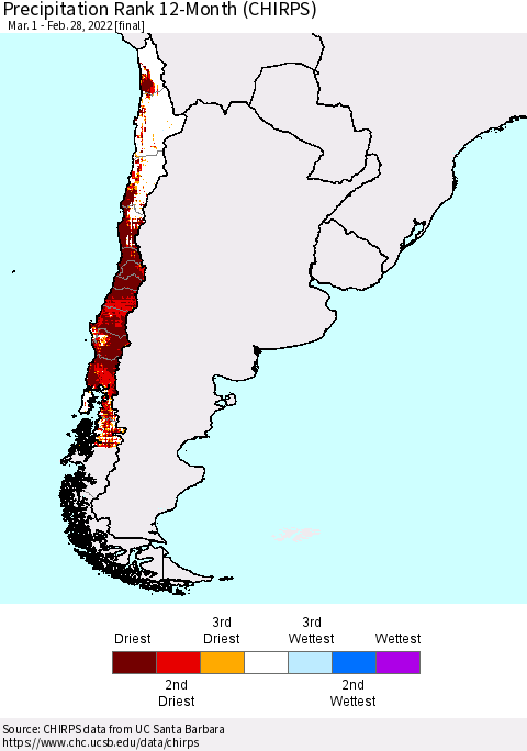 Chile Precipitation Rank since 1981, 12-Month (CHIRPS) Thematic Map For 3/1/2021 - 2/28/2022