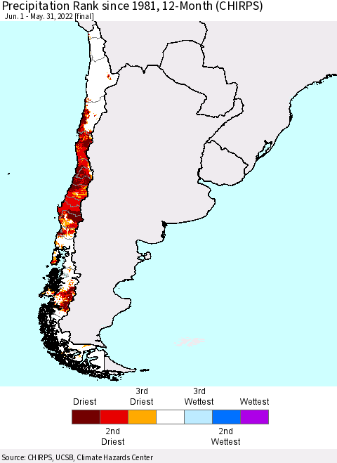 Chile Precipitation Rank since 1981, 12-Month (CHIRPS) Thematic Map For 6/1/2021 - 5/31/2022