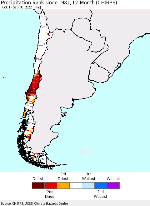 Chile Precipitation Rank since 1981, 12-Month (CHIRPS) Thematic Map For 10/1/2021 - 9/30/2022