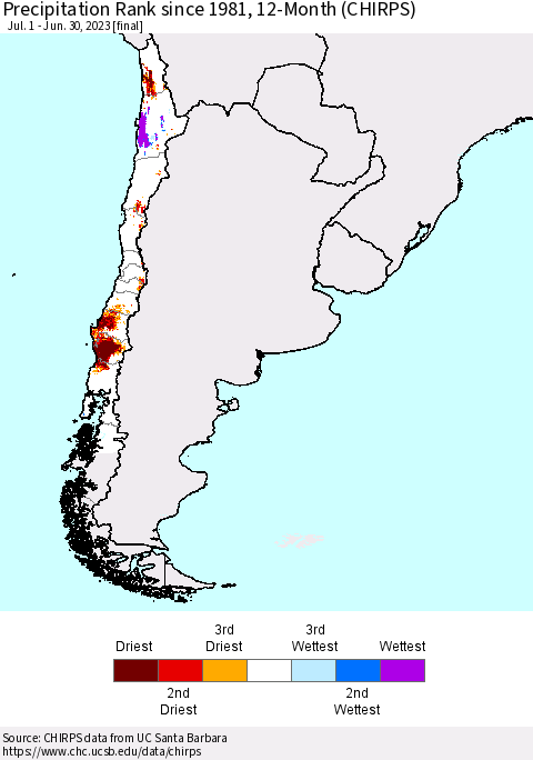 Chile Precipitation Rank since 1981, 12-Month (CHIRPS) Thematic Map For 7/1/2022 - 6/30/2023