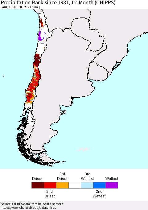 Chile Precipitation Rank since 1981, 12-Month (CHIRPS) Thematic Map For 8/1/2022 - 7/31/2023