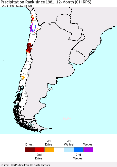 Chile Precipitation Rank since 1981, 12-Month (CHIRPS) Thematic Map For 10/1/2022 - 9/30/2023