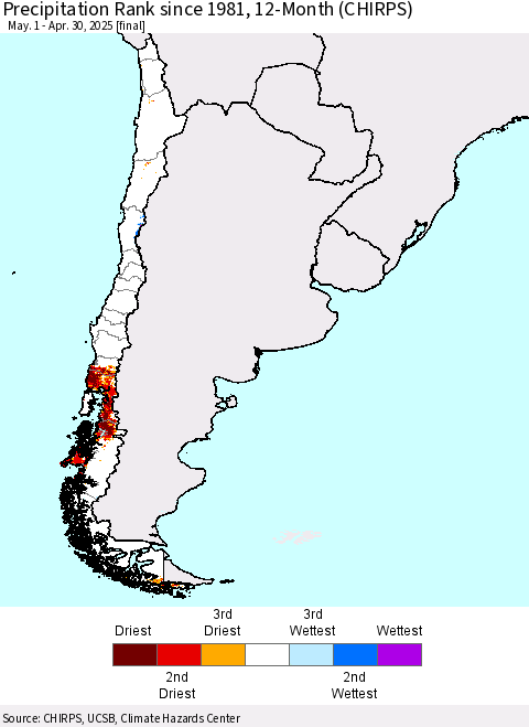Chile Precipitation Rank since 1981, 12-Month (CHIRPS) Thematic Map For 5/1/2024 - 4/30/2025