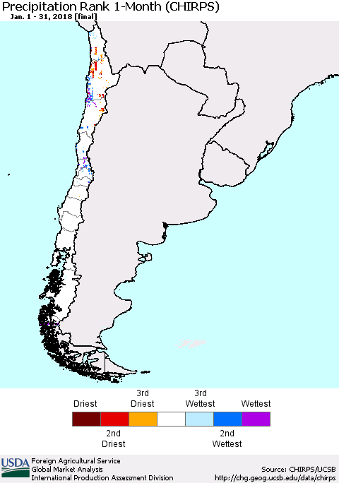 Chile Precipitation Rank since 1981, 1-Month (CHIRPS) Thematic Map For 1/1/2018 - 1/31/2018