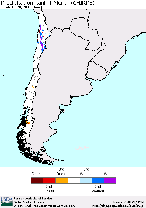 Chile Precipitation Rank since 1981, 1-Month (CHIRPS) Thematic Map For 2/1/2018 - 2/28/2018
