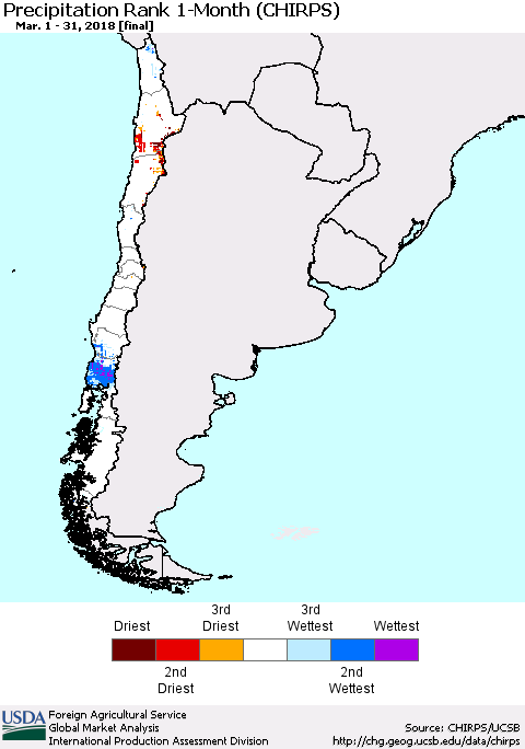 Chile Precipitation Rank since 1981, 1-Month (CHIRPS) Thematic Map For 3/1/2018 - 3/31/2018