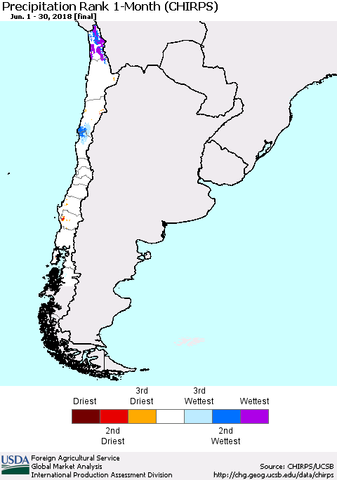 Chile Precipitation Rank since 1981, 1-Month (CHIRPS) Thematic Map For 6/1/2018 - 6/30/2018