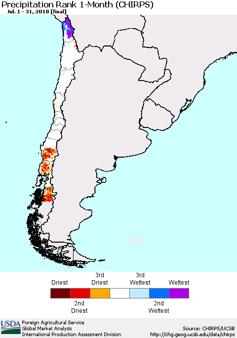 Chile Precipitation Rank since 1981, 1-Month (CHIRPS) Thematic Map For 7/1/2018 - 7/31/2018