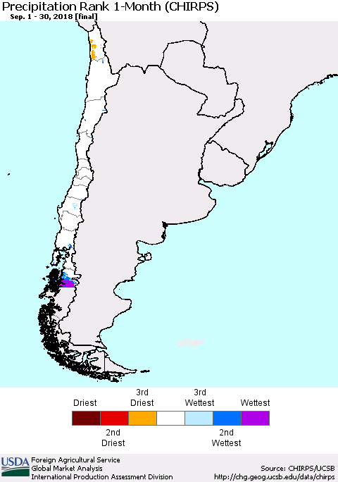 Chile Precipitation Rank since 1981, 1-Month (CHIRPS) Thematic Map For 9/1/2018 - 9/30/2018