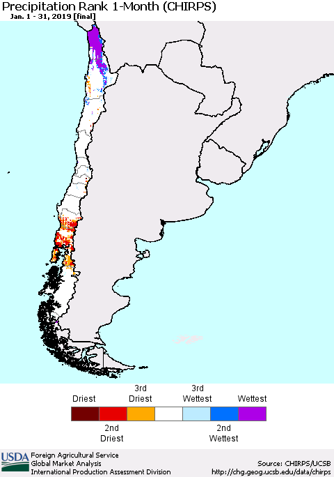 Chile Precipitation Rank since 1981, 1-Month (CHIRPS) Thematic Map For 1/1/2019 - 1/31/2019
