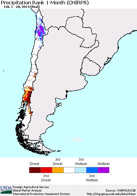 Chile Precipitation Rank since 1981, 1-Month (CHIRPS) Thematic Map For 2/1/2019 - 2/28/2019