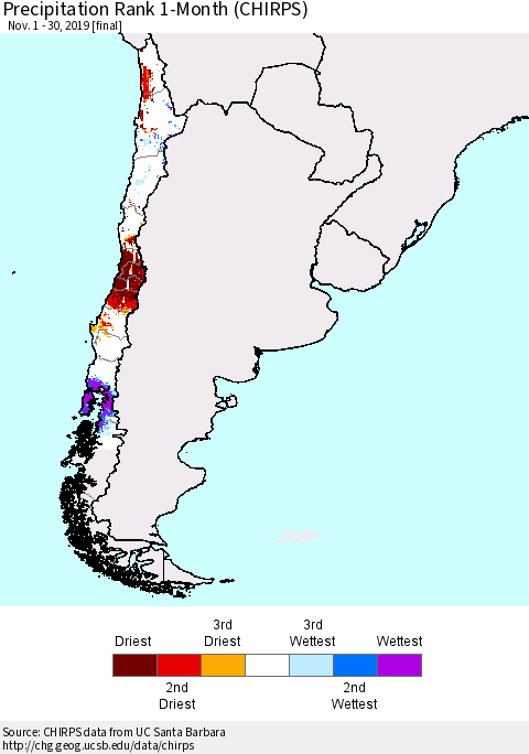 Chile Precipitation Rank 1-Month (CHIRPS) Thematic Map For 11/1/2019 - 11/30/2019