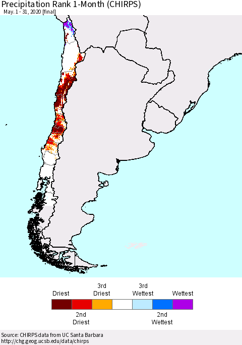 Chile Precipitation Rank since 1981, 1-Month (CHIRPS) Thematic Map For 5/1/2020 - 5/31/2020