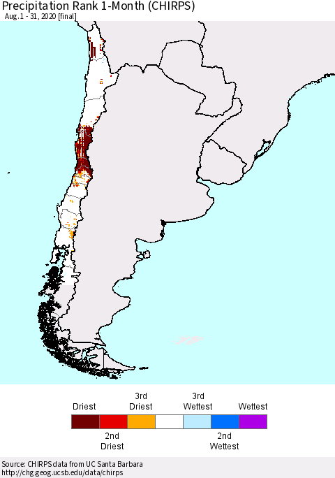 Chile Precipitation Rank 1-Month (CHIRPS) Thematic Map For 8/1/2020 - 8/31/2020