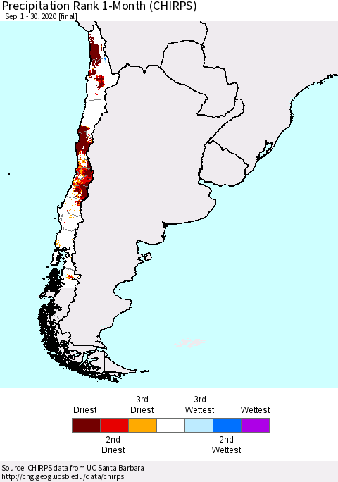 Chile Precipitation Rank 1-Month (CHIRPS) Thematic Map For 9/1/2020 - 9/30/2020