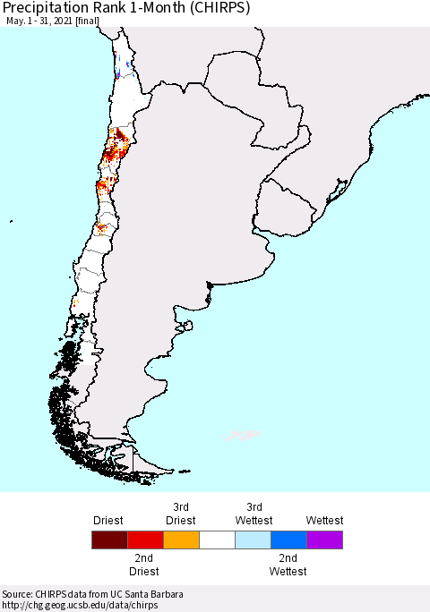 Chile Precipitation Rank 1-Month (CHIRPS) Thematic Map For 5/1/2021 - 5/31/2021