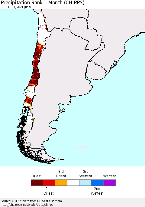 Chile Precipitation Rank 1-Month (CHIRPS) Thematic Map For 7/1/2021 - 7/31/2021