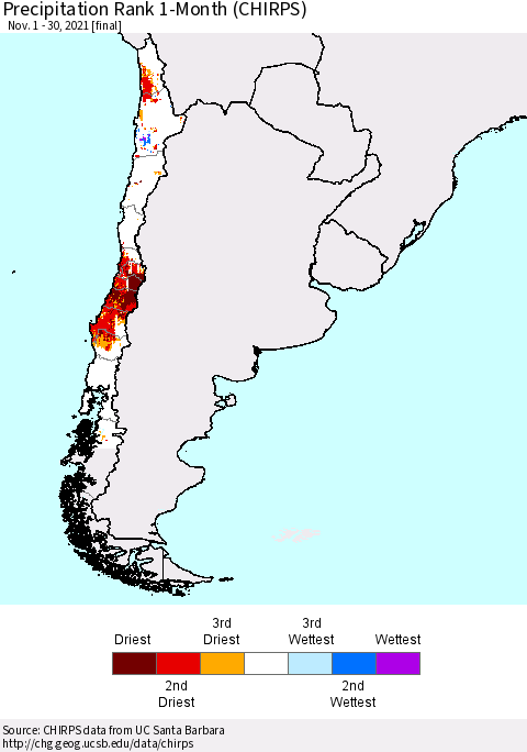 Chile Precipitation Rank since 1981, 1-Month (CHIRPS) Thematic Map For 11/1/2021 - 11/30/2021