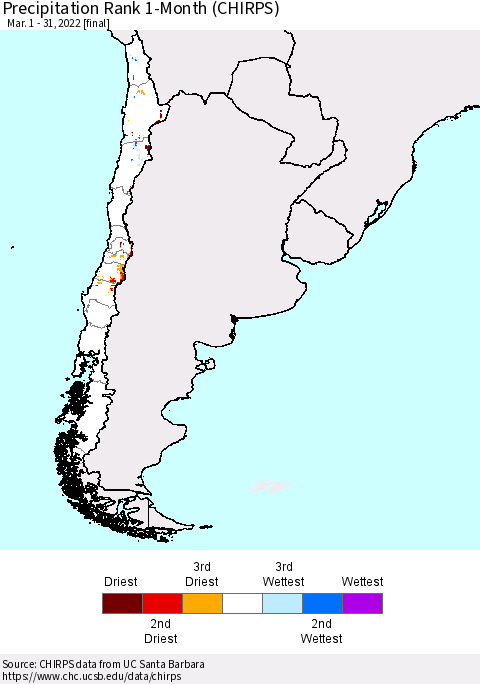 Chile Precipitation Rank since 1981, 1-Month (CHIRPS) Thematic Map For 3/1/2022 - 3/31/2022