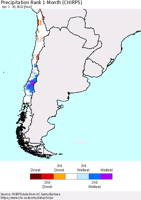 Chile Precipitation Rank 1-Month (CHIRPS) Thematic Map For 4/1/2022 - 4/30/2022