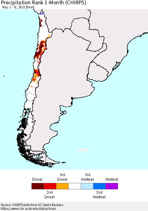Chile Precipitation Rank since 1981, 1-Month (CHIRPS) Thematic Map For 5/1/2022 - 5/31/2022