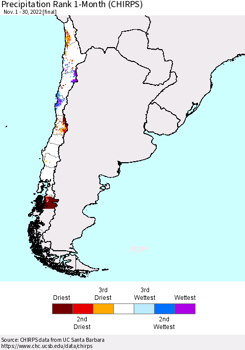 Chile Precipitation Rank since 1981, 1-Month (CHIRPS) Thematic Map For 11/1/2022 - 11/30/2022