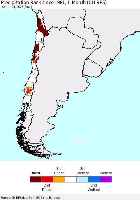 Chile Precipitation Rank since 1981, 1-Month (CHIRPS) Thematic Map For 10/1/2023 - 10/31/2023