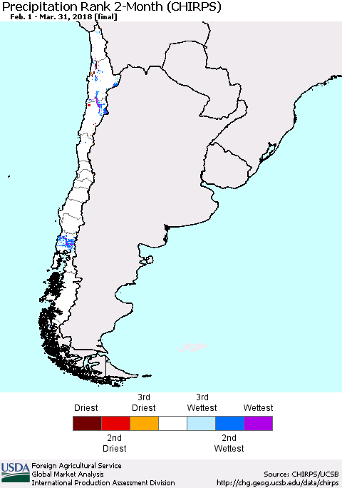 Chile Precipitation Rank since 1981, 2-Month (CHIRPS) Thematic Map For 2/1/2018 - 3/31/2018