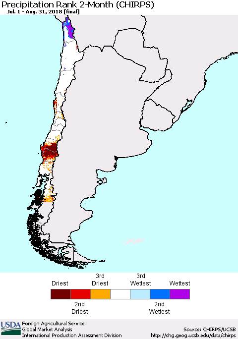 Chile Precipitation Rank since 1981, 2-Month (CHIRPS) Thematic Map For 7/1/2018 - 8/31/2018