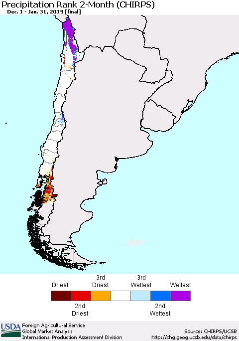 Chile Precipitation Rank since 1981, 2-Month (CHIRPS) Thematic Map For 12/1/2018 - 1/31/2019