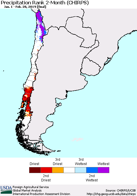 Chile Precipitation Rank since 1981, 2-Month (CHIRPS) Thematic Map For 1/1/2019 - 2/28/2019
