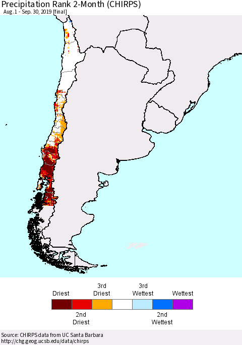 Chile Precipitation Rank 2-Month (CHIRPS) Thematic Map For 8/1/2019 - 9/30/2019